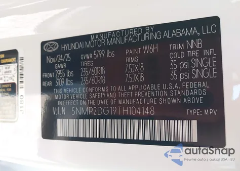 2026 Hyundai Santa Fe Hybrid Sel from USA, damaged, VIN 5NMP2DG19TH104148